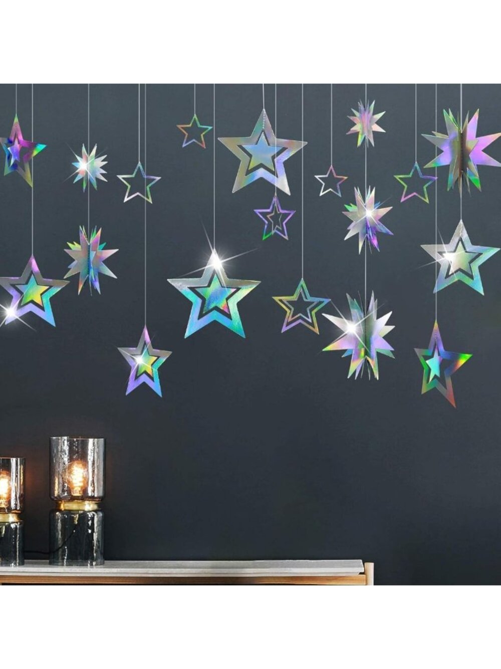 Iridescent Star Party Decorations | Holographic Hanging Stars & Twinkle Banner